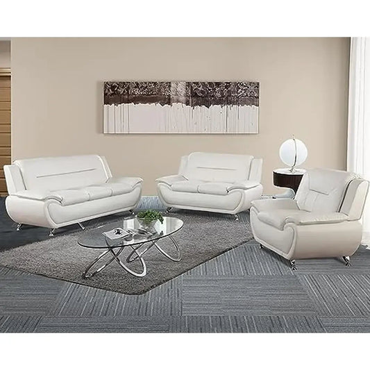 Juego de muebles de sala de estar moderna de 3 piezas, sofá de cuero, sillón de dos plazas, color crema, diseño ergonómico, marco de madera duradero, fácil de limpiar