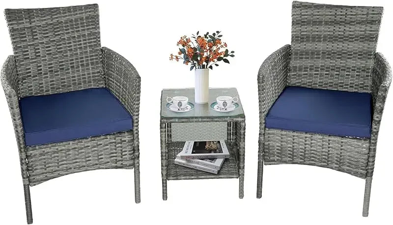 QJRBIAO Conversation Furniture 3-Piece Set PE Rattan Wicker Chair with Table Suitable for Patio, Poolside, Lawn and Other