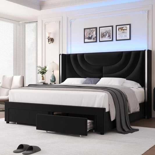 Bed Frame with 2 Storage Drawers, Velvet Platform Bed with Wingback Headboard, Solid Wooden Slats Support, LM