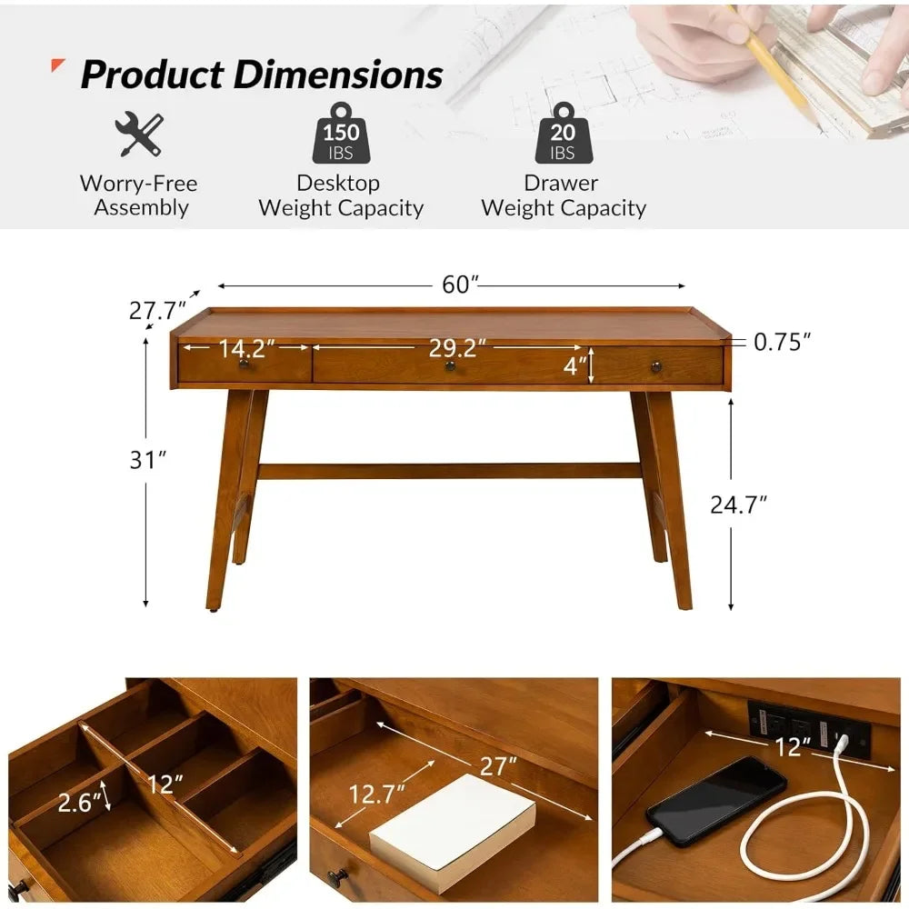 Bureau à domicile avec 3 tiroirs et pieds en bois massif, table d'écriture avec station de charge et gestion des câbles, style moderne du milieu du siècle