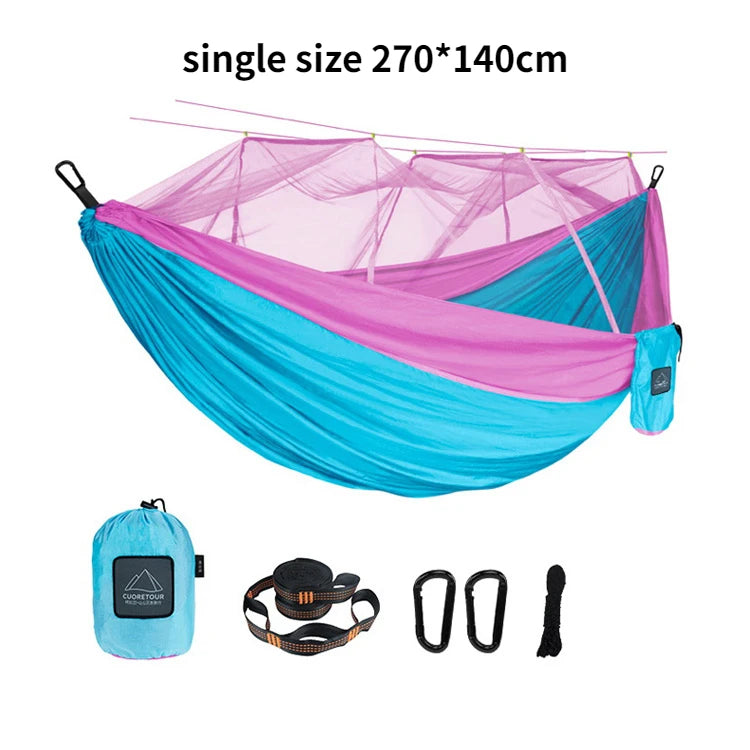 Single and Double Size Nylon Fabric Portable Travel Outdoor Camping Hanging Sleeping  Hammock with Mosquito Net