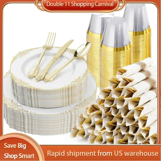 350PCS Gold Plastic Plates for 50 Guests,100 Gold Rim Plastic Plates, 50 Silverware, 50 Pre Rolled Napkins for Party