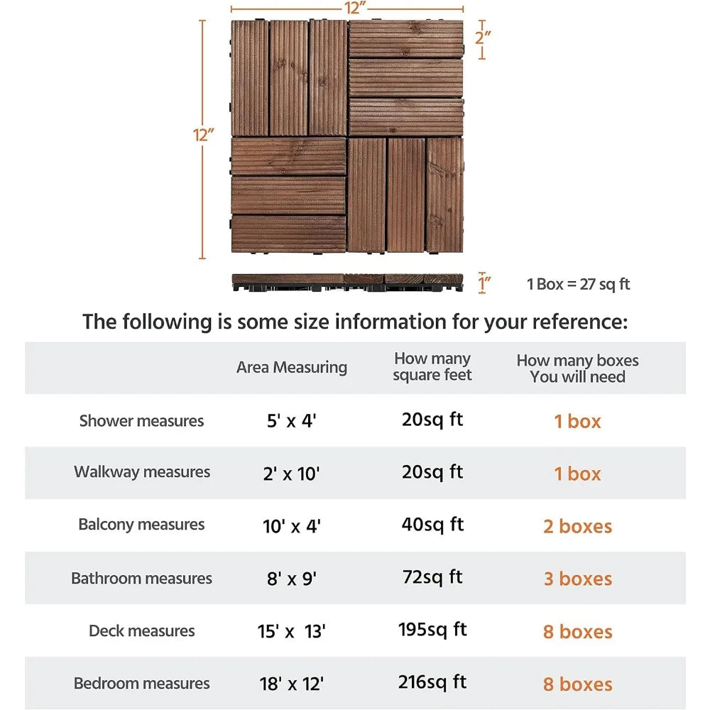 Wooden Decking Tiles 27PCS 12 x 12in Interlocking Patio Composite Balcony Floor Covering for Patio Garden Pathway 1 sq. ft