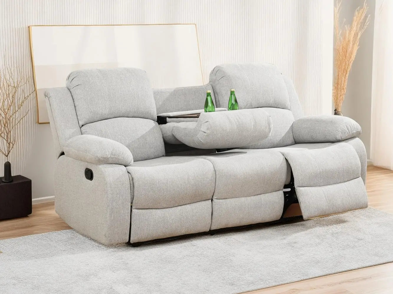 Sofa Set Living Room Furniture Reclining Couch Set with Cup Holders/Storage Console/Drop Down Table Fabric Recliner Sofa Set