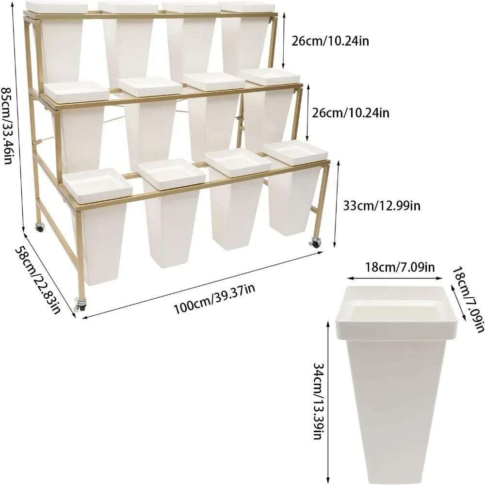 3 Layers Metal Plant Stand,Flower Display Stand with 12Pcs Buckets,Moving Florist Bouquet Shelf for Fresh Flower Shop