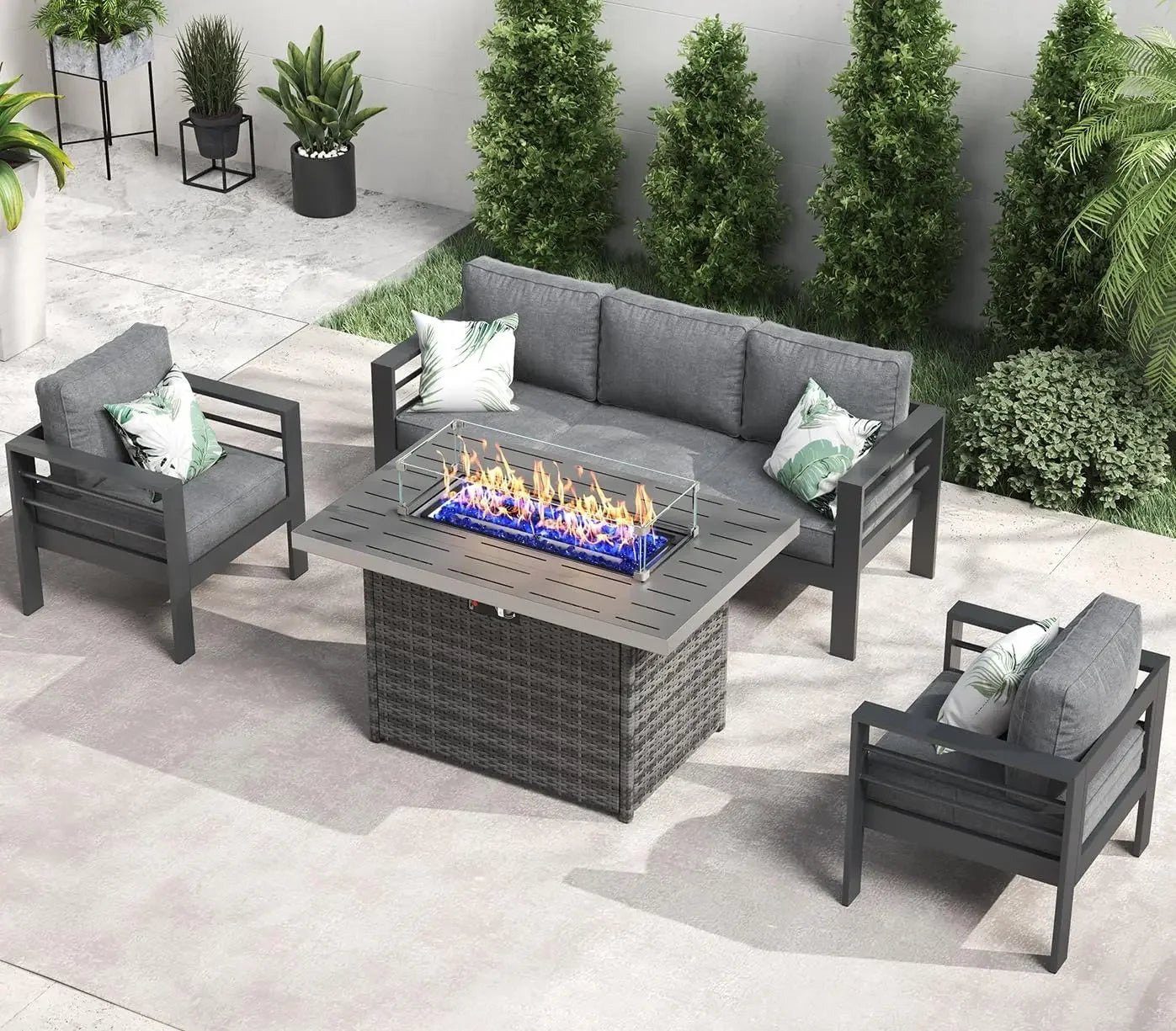 QLayinSun Aluminum Furniture with Fire Pit Table, 5 Pieces Patio Sectional Conversation Chat Sofa Modern Seating Set