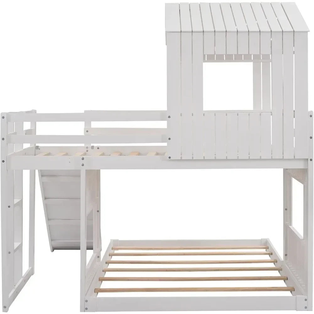 Lits superposés avec toboggan, en bois avec toit et garde-corps pour enfants, tout-petits, pas besoin de sommier (blanc, lit mezzanine simple avec toboggan)