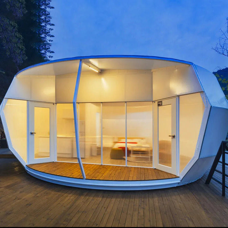 Tente de camping de forme spéciale en structure d'acier pour camp de vacances, salle de bain extérieure, tente d'hôtel de luxe en forme de beignet