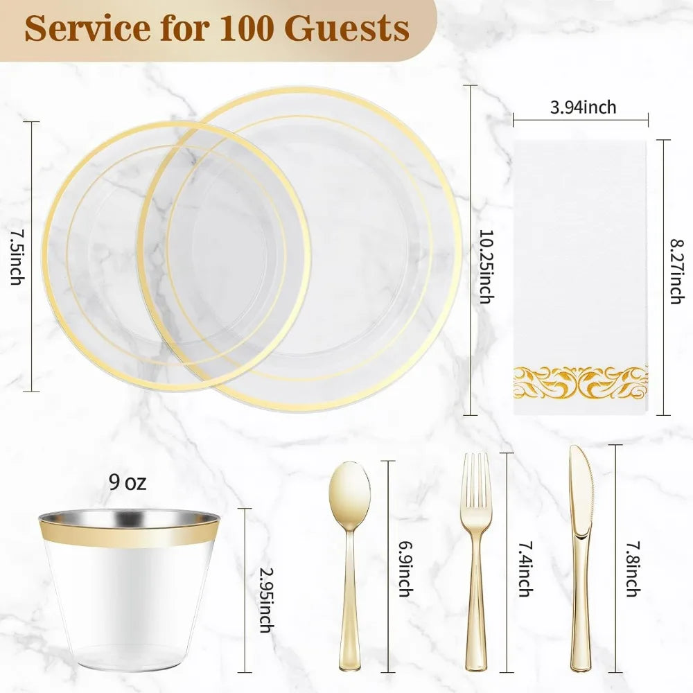 700PCS Clear Gold Disposable Dinnerware Set (100 Guests),for Party, Wedding,200 Plastic Plates,100 Gold Silverware, Cups,Napkins