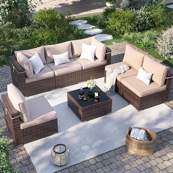 QPatio Furniture Set, 7-Piece Outdoor Sectional with Waterproof Cover, All-Weather Wicker Patio Conversation Sets for Backyard (