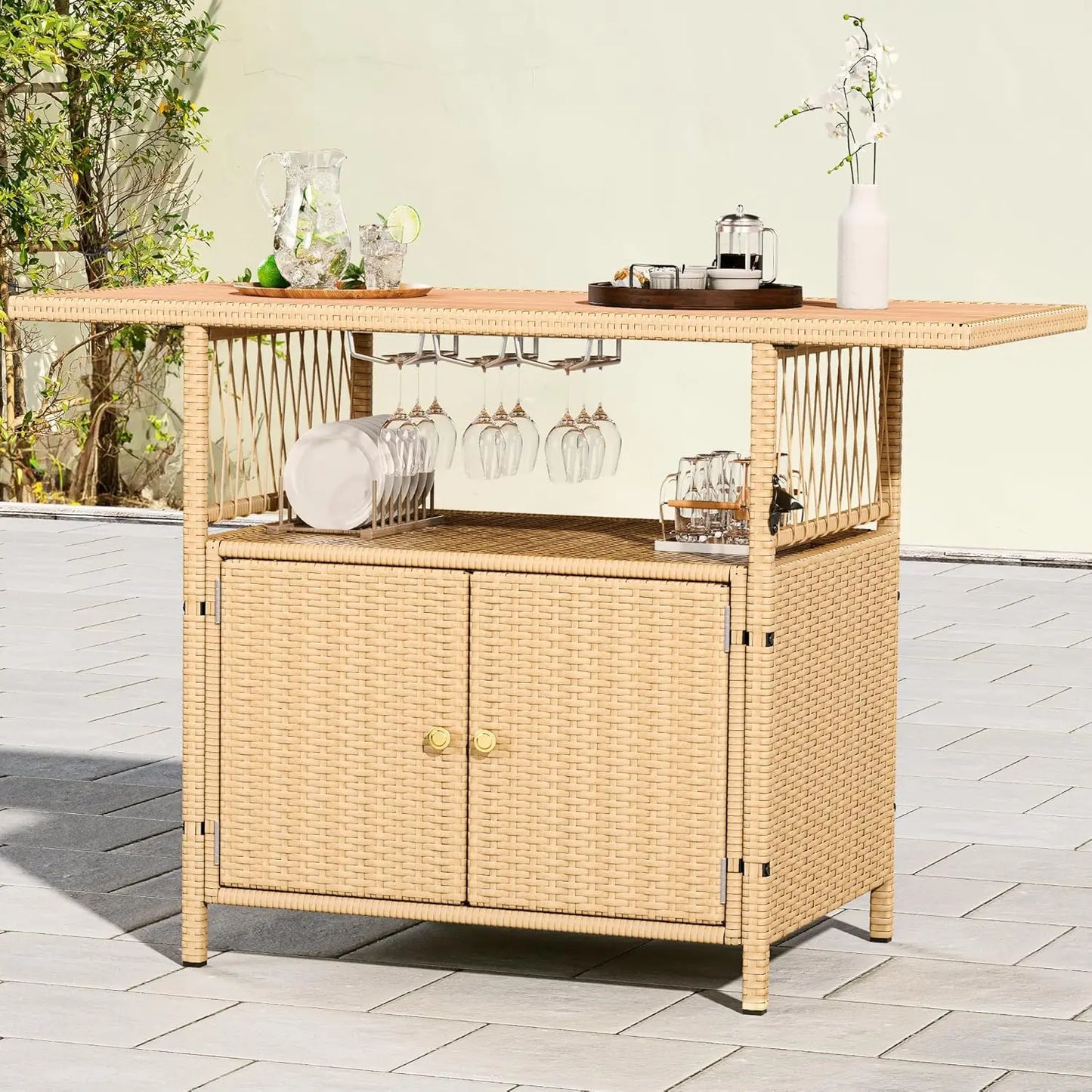 Isla de mimbre con carrito rodante y gabinete de almacenamiento para cocina al aire libre XL, con ruedas y tablero de mesa extensible de acero inoxidable