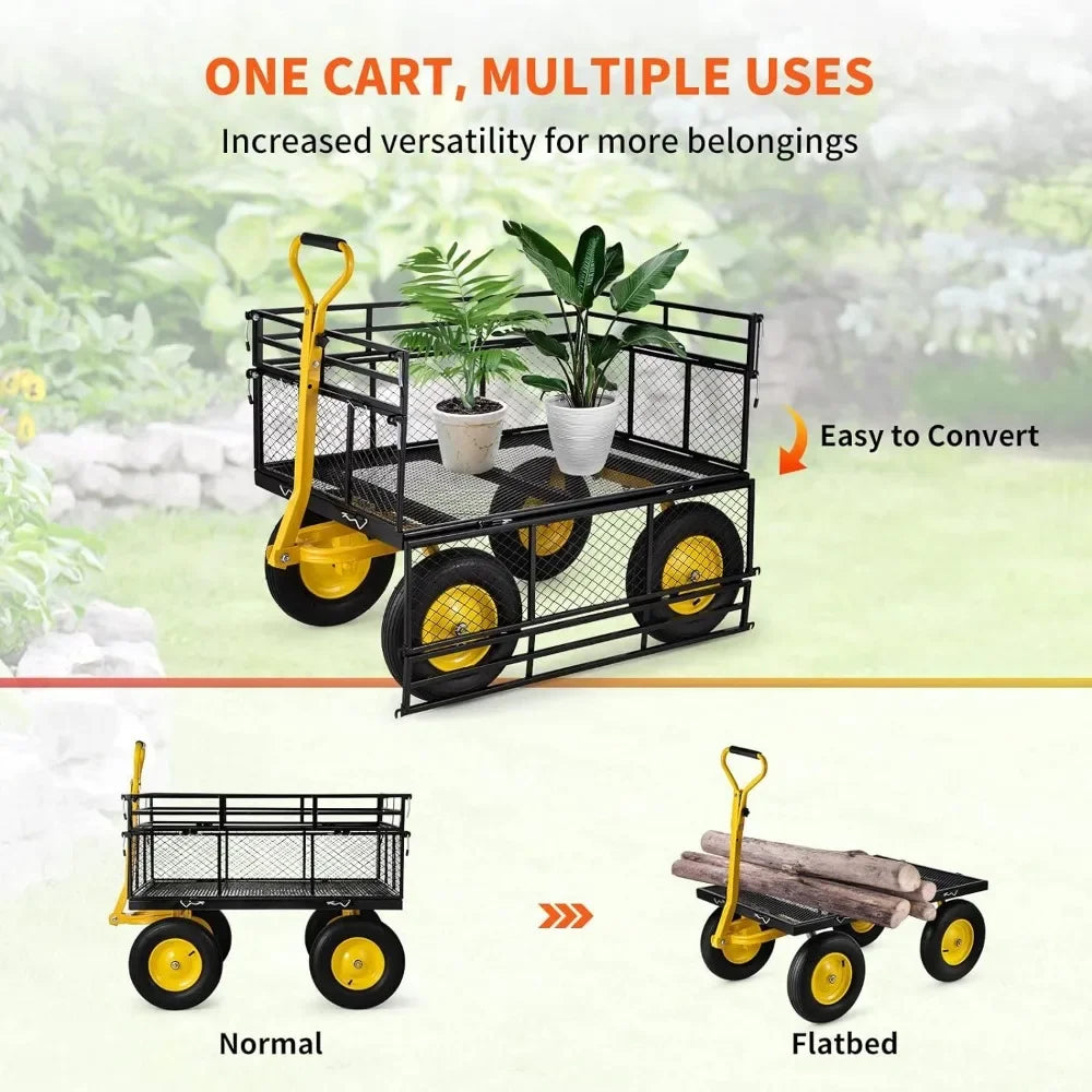 Wagon cart With Removable Mesh Sides to Convert Into Flatbed Camping Trolley Cart Heavy Duty 1400 Lbs Capacity Steel Garden Cart