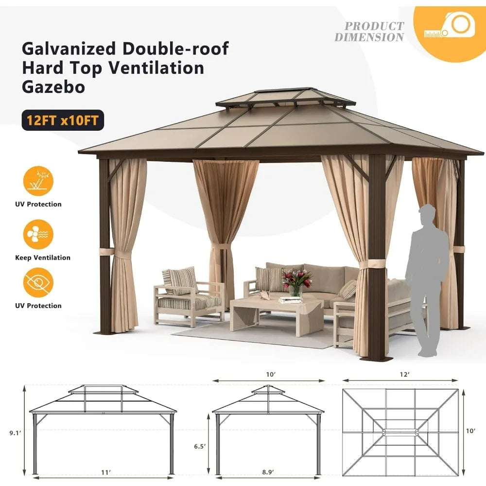 10x12 hard top pavilion, double roof pavilion, aluminum frame pavilion with mesh and curtains, outdoor polycarbonate pavilion