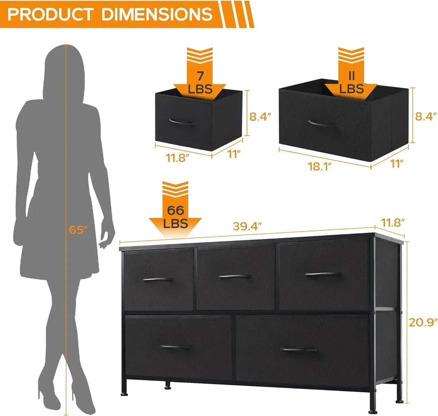 Dresser for Bedroom, 5 Storage Drawers, Wide Fabric Closet Chests Organizer Tower Furniture with Wooden Top Metal Frame