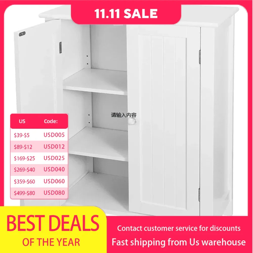 bathroom storage cabinet, Modern Bathroom Floor Storage Cabinet with Adjustable Shelf and Double Door Rust Proof, Living Room