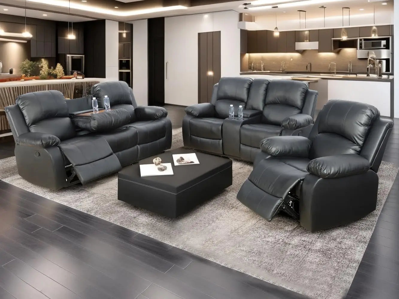 Sofa Set Living Room Furniture Reclining Couch Set with Cup Holders/Storage Console/Drop Down Table Fabric Recliner Sofa Set