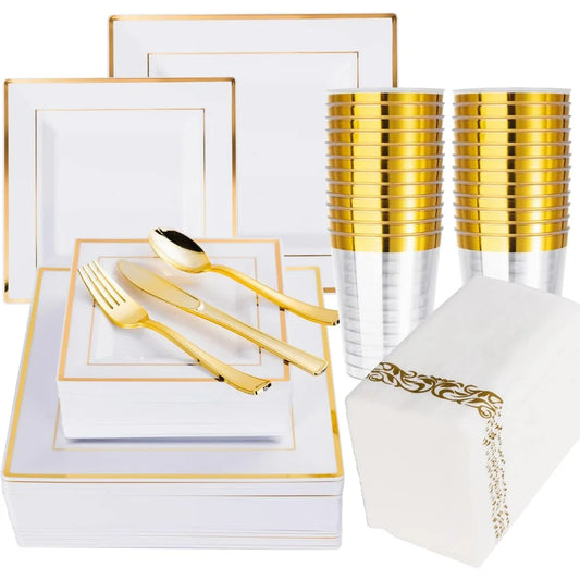 50 Guest Gold Dinnerware Set-100 White Square Plastic Plates with Gold Rim, 50 Gold Plastic forks &Spoons &Knives &Cups &Napkins