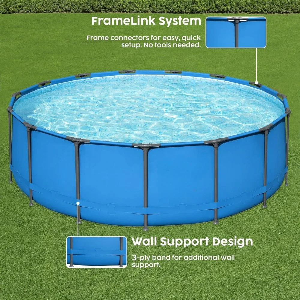 Piscine encadrée 15' x 48" Grand cadre Rond Cadre en acier métallique Hors sol Piscine familiale extérieure pour arrière-cour, Bleu