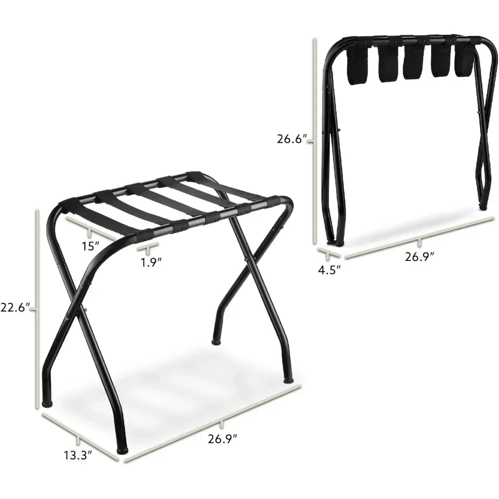 2-Pack Folding Luggage Rack Collapsible Metal Suitcase Stand with Durable Black Nylon Straps- for Bedroom, Guest Room, or Hotel