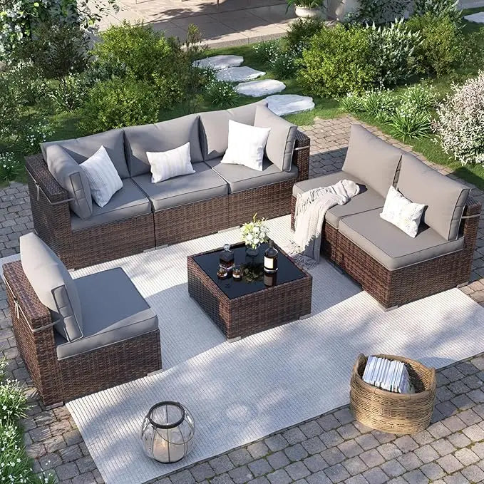 QPatio Furniture Set, 7-Piece Outdoor Sectional with Waterproof Cover, All-Weather Wicker Patio Conversation Sets for Backyard (