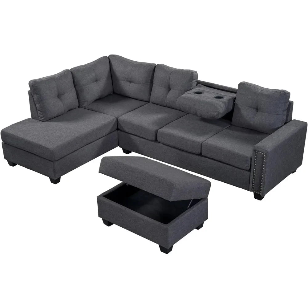 Pouf de rangement modulaire en forme de L et chaise longue, canapé d'angle surdimensionné confortable avec porte-gobelet, meubles de salon en tissu