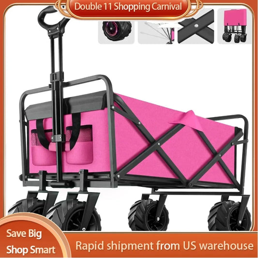 Sand Camping Trolley Pink Garden Carts Folding Home Handcart Beach Cart With Big Wheels Hand Cart Collapsible Foldable Wagon