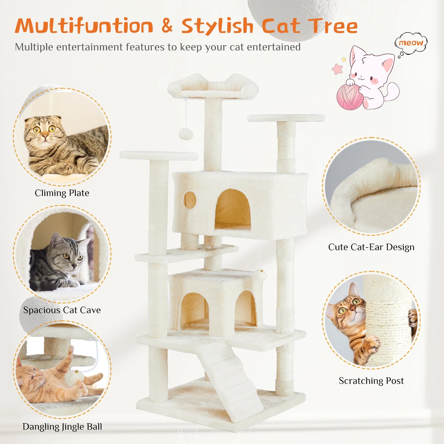 JHK Arbre à chat à plusieurs niveaux de 137 cm de haut pour meubles d'intérieur pour animaux de compagnie, maison de jeu stable pour chat avec griffoir en sisal pour la maison