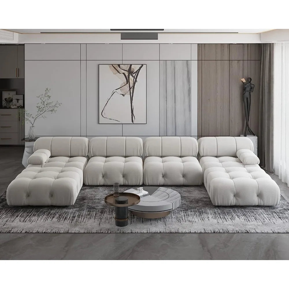 138" Modular Sectional Couch, U-Shaped Minimalist Velvet Sofas Deep 6-Seat Sofas Furniture for Living Room, Apartment