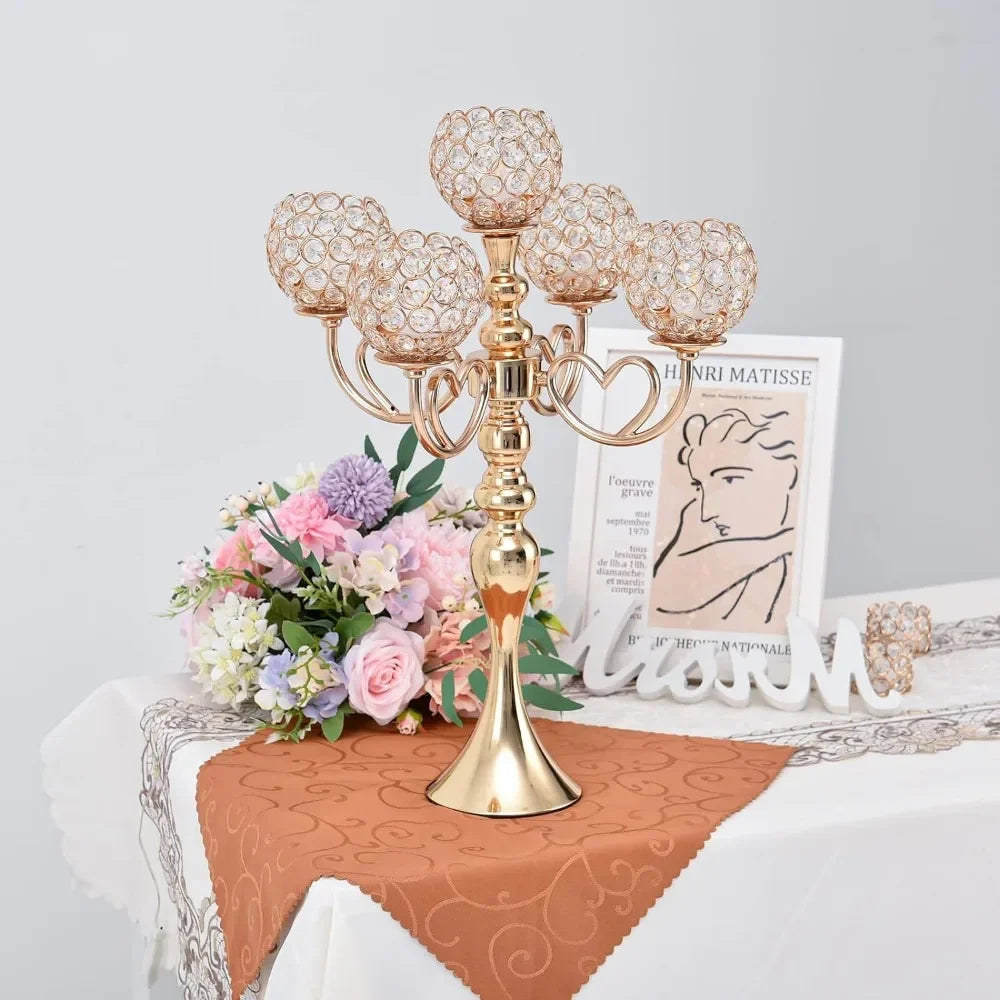 Paquete de 4 candelabros y candelabros de cristal dorado de 5 brazos para decoración de mesa de comedor de boda y hogar