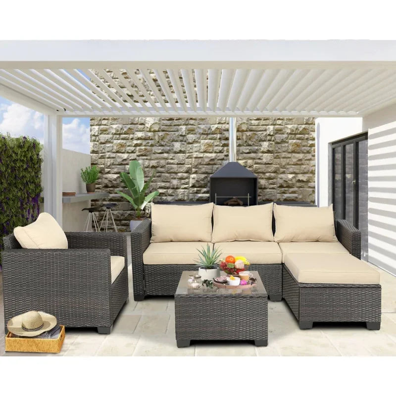 Q6 pieces set outdoor sectional wicker furniture patio couch with Ottoman for lawn, balcony, garden