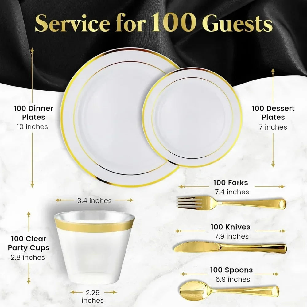 600 Piece Gold Disposable Dinnerware Sets, 200 White and Gold Plates, Set of 300 Gold Plastic Silverware, 100 Plastic Cups