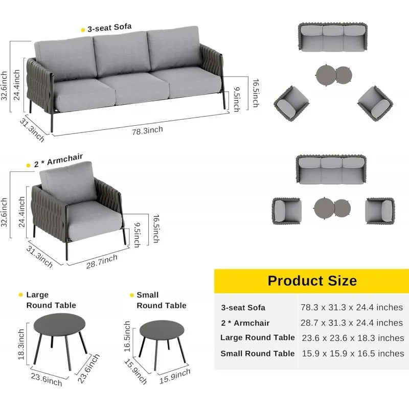 Qeast Oak Life chatter patio set 5 pieces, outdoor furniture 5-seat sofa with two round coffee table, waterproof thick