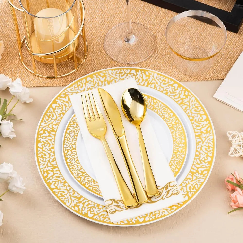 700PCS Gold Plastic Dinnerware Set for 100 Guests, 100 Dinner Plates, Dessert Plates, Gold Silverware Set,Cups, Napkins