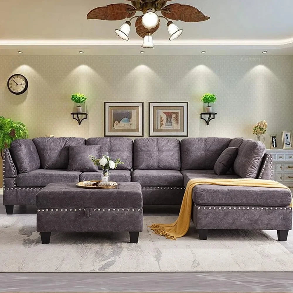 Couch L-Shape with Storage Ottoman and Two Small Pillow & Reversible Chaise Modular Sectional Living Room Furniture Sets