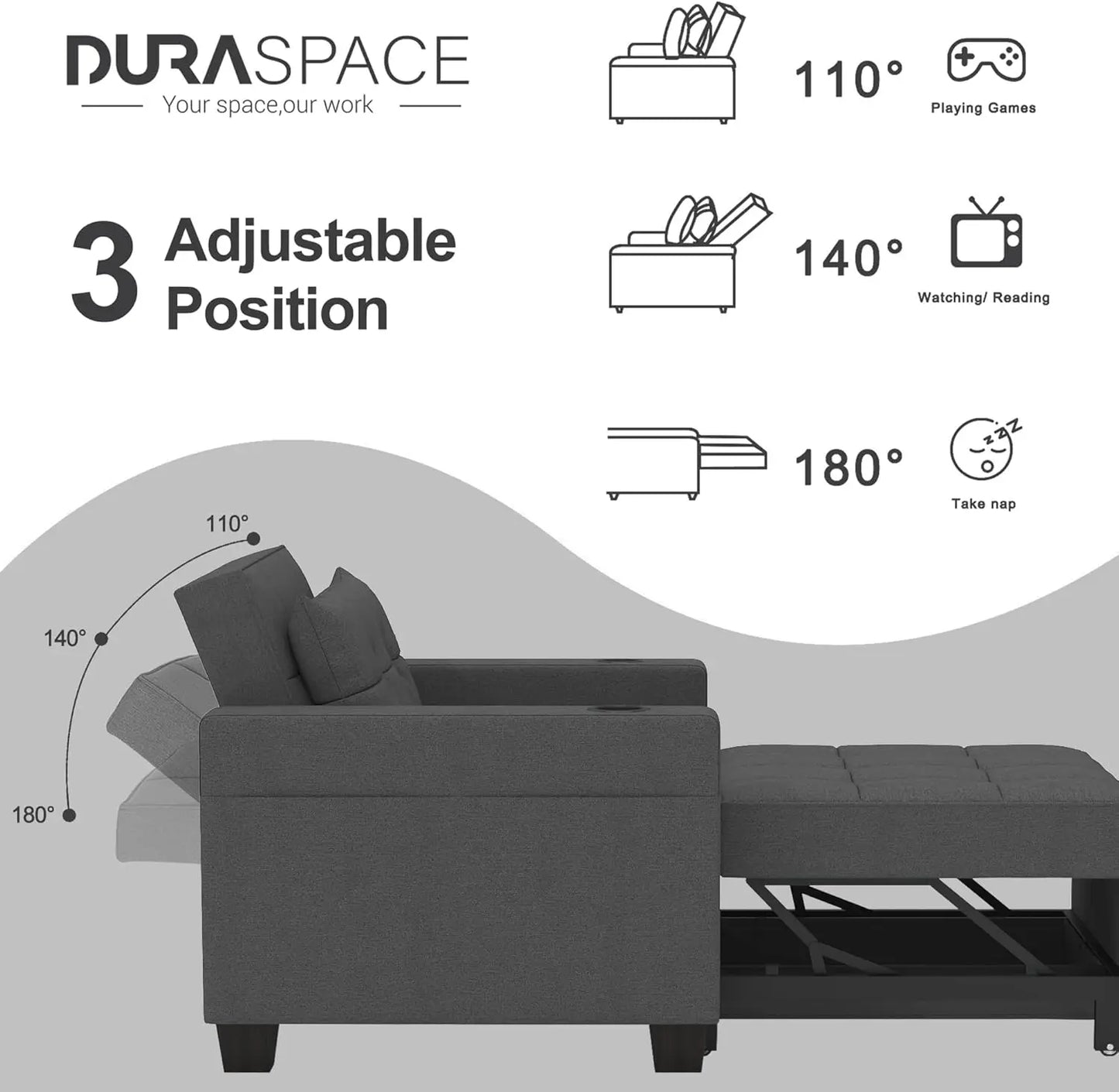 Sofa Bed, Wood Bedframe, for Living Room Bedroom Office, Pull Out Modular Sofa Bed Convertible Living Room Furniture