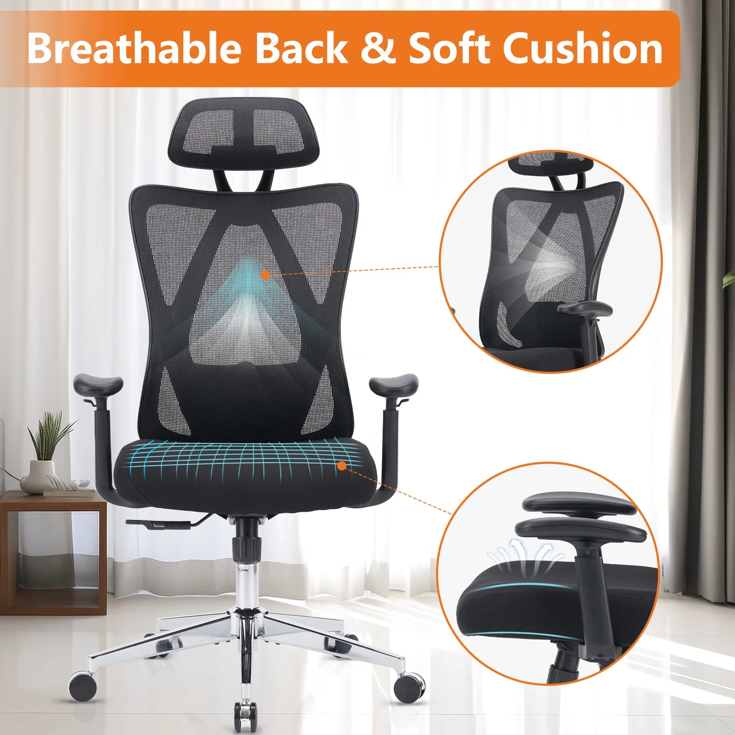 Chaise de bureau ergonomique avec support lombaire et dossier en maille JHK, appui-tête réglable en hauteur, dossier respirant, chaises de jeu pivotantes et roulantes