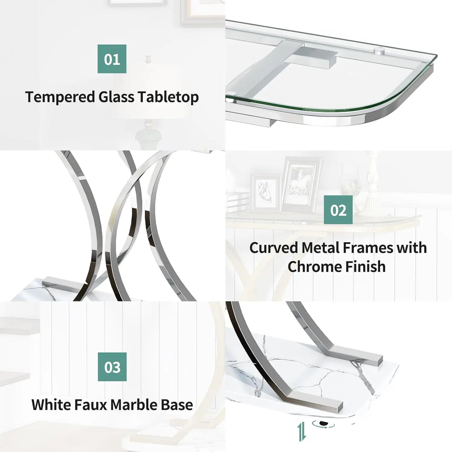 MEUBLES Tables consoles en verre argenté pour l'entrée, table d'entrée en verre avec cadres incurvés et base en marbre, entrée moderne