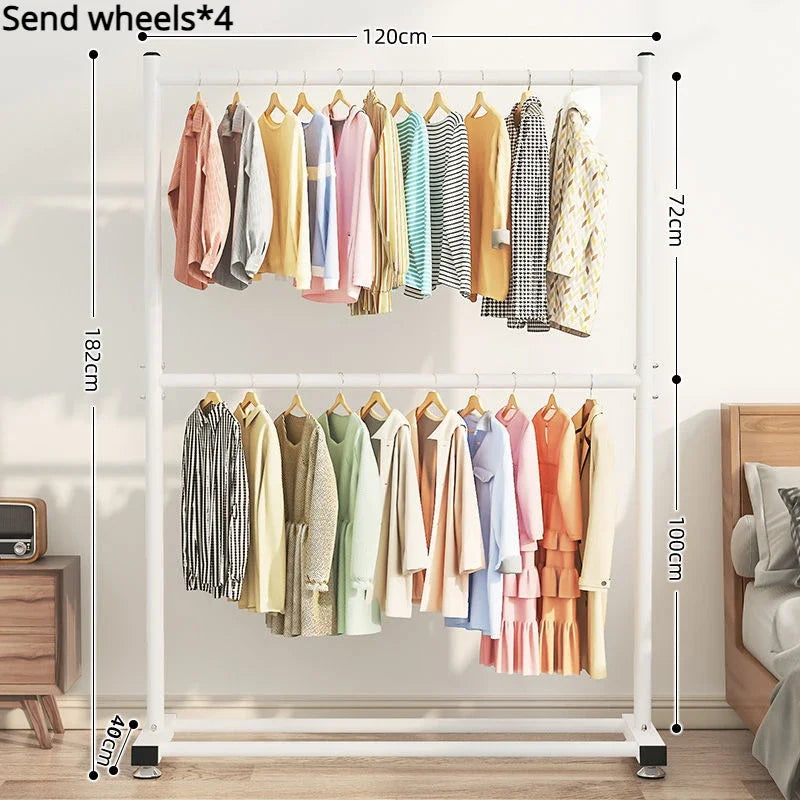 Simple Rolling Clothes Rack Floor Hanger Living Room Wardrobe Shoerack Shelves Double Layers Coat Hanger Stand Home Furniture