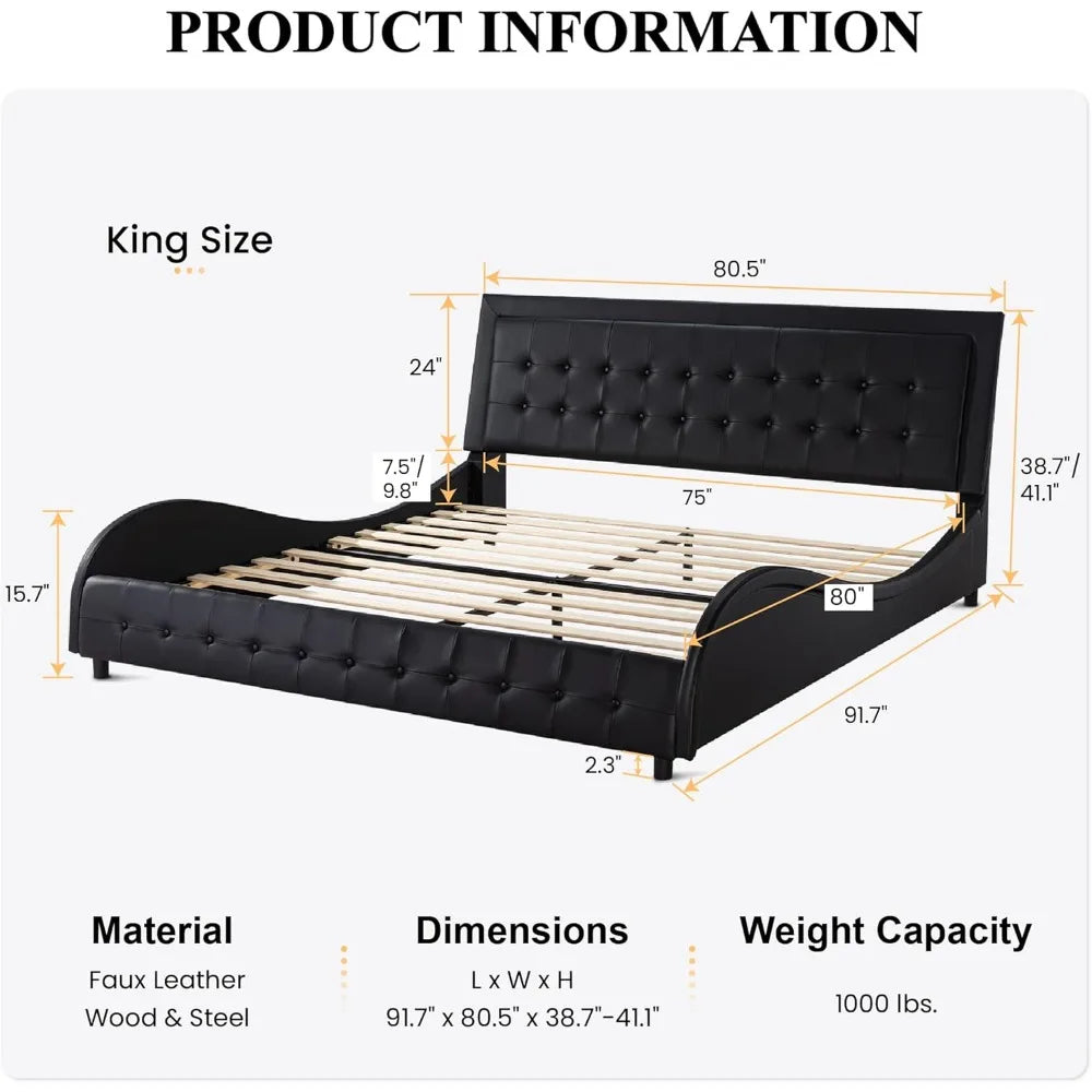 Marco de cama/Marco de cama tapizado en piel sintética con cabecero ajustable/Soporte de listones de madera/Cama moderna con efecto onduladoLM