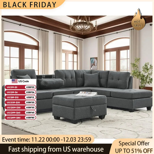 sofas Sectional,LShape Modular Storage & Chaise,Comfy Oversized Corner Sofa Cup Holder,Fabric Living Room Furniture Couch Sets,