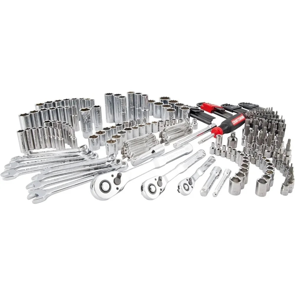 All in One Mechanics Set Tool Set 1/4 in 3/8 in And 1/2 in Drive 230 Piece One Handed Locking Dial 72-tooth Ratchet