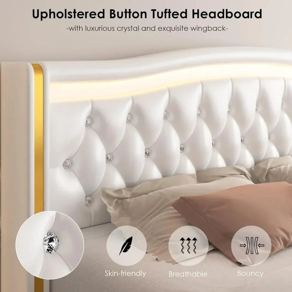 Smart LED Platform Bed Frame with 4 Storage Drawers, Crystal Button-Tufted & Stainless Gold Trim Wingback Headboard