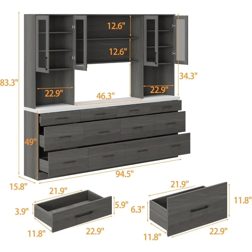 Garde-manger de cuisine avec comptoir, 12 tiroirs et 4 portes vitrées, armoire de rangement en bois avec 6 étagères cachées et 4 étagères ouvertes