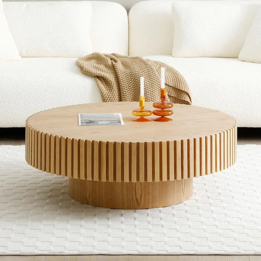 Mesa de centro redonda de 31,49'', mesa auxiliar de madera para sala de estar, mesa auxiliar moderna y contemporánea con tambor estriado circular, fácil montaje para