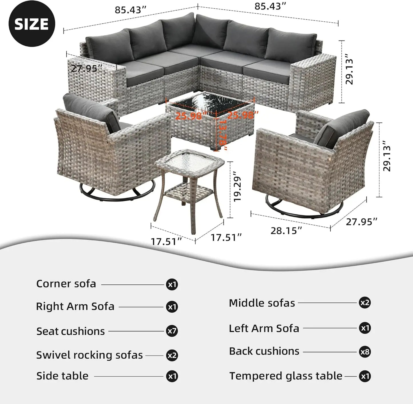 Ensemble de meubles de patio, canapé d'extérieur sectionnel avec chaises pivotantes à bascule, canapé de conversation en osier PE pour terrasse de jardin