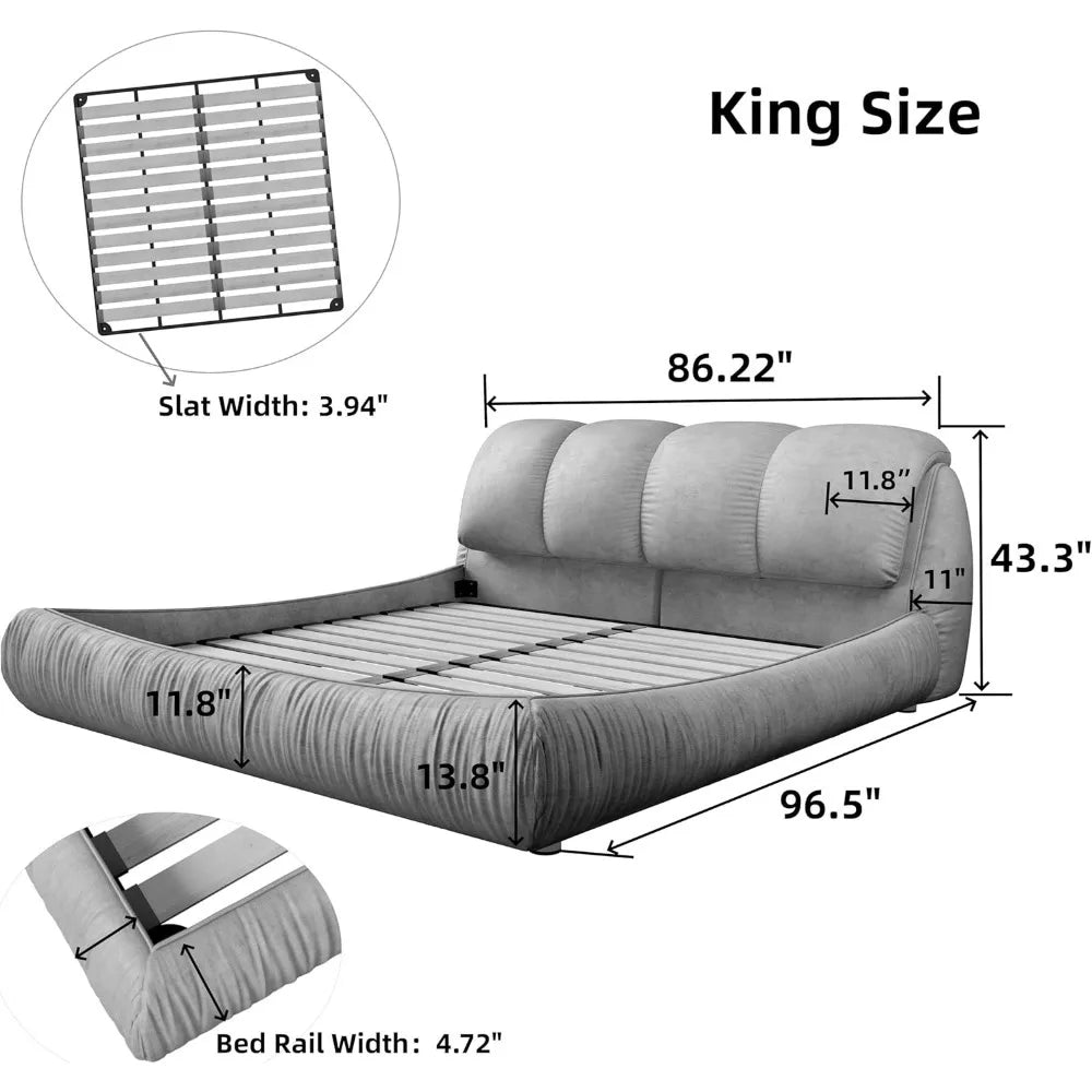 Lit KING avec dossier rembourré surdimensionné, cadre de lit nuage en bois massif avec lattes en pin épaississantes et pieds en métal