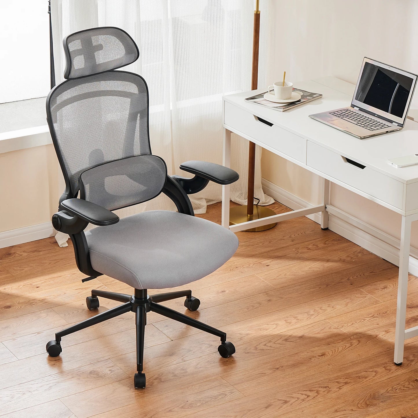 Chaise de bureau ergonomique en maille JHK avec soutien lombaire réglable, inclinable à 120 °, dossier haut, chaise d'ordinateur confortable avec accoudoirs rabattables souples