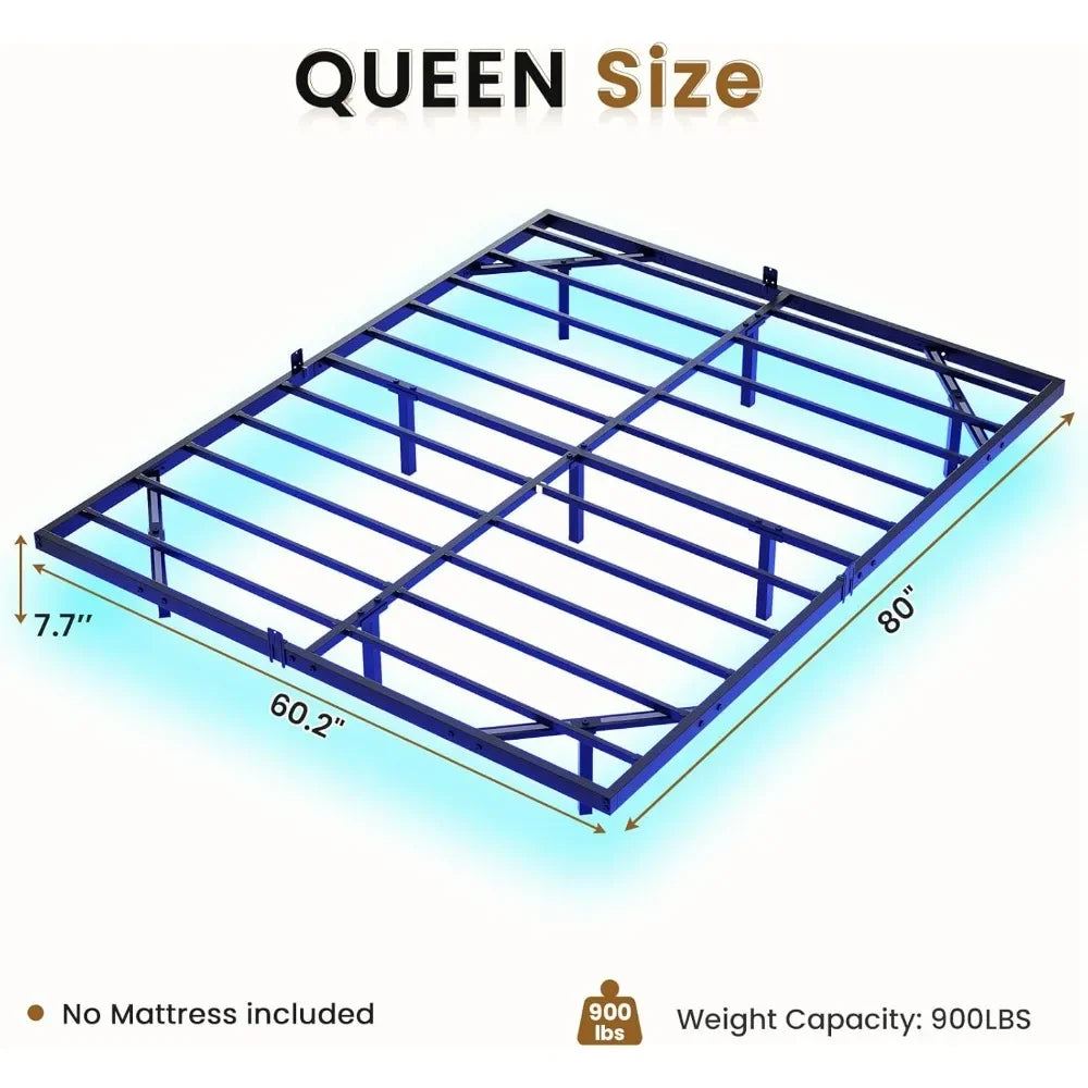 Queen Bed Frame with LED Lights, Metal Platform Bed with Heavy Duty Steel Slats and 4 Mattress Slide Stopper,Floating Bed Frame