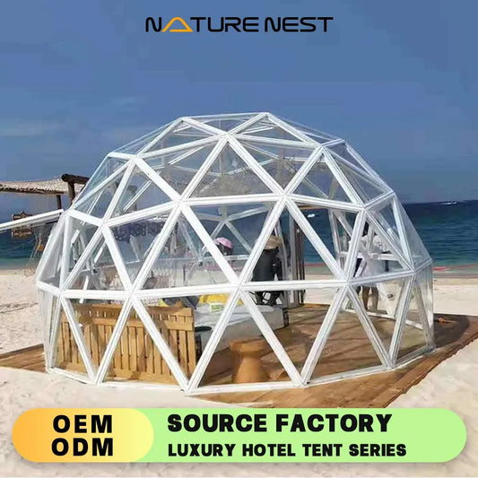 Dôme géodésique en verre transparent avec isolation, 2 pièces, structure en alliage d'aluminium pour l'aviation, tente igloo pour chambres d'hôtel