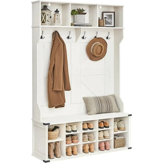 White Hall Tree with Bench and Shoe Storage, Coat Rack with Shoe Bench, Entryway Furniture, 6 Tri-Hooks, Farmhouse Wooden Style